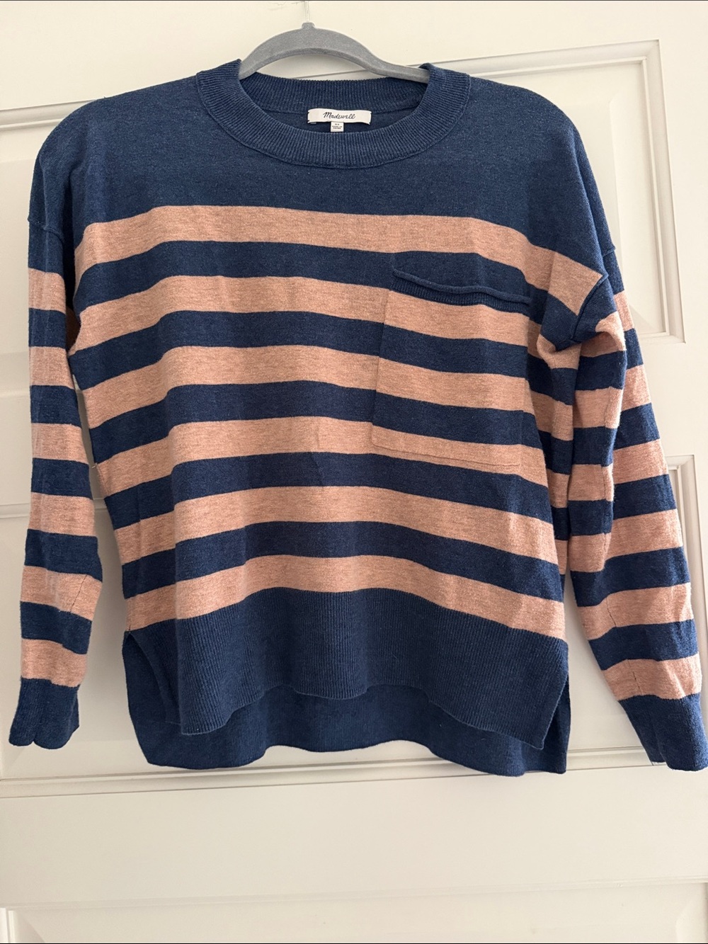 Madewell Navy and Tan Striped Crewneck Sweater